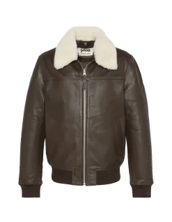 Blouson pilote marron avec col mouton amovible, cuir de vachette - MARRON