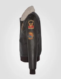 Blouson pilote marron badgé, cuir d'agneau - MARRON