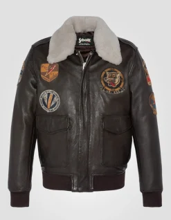 Blouson pilote marron badgé, cuir d'agneau - MARRON