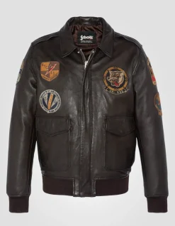 Blouson pilote marron badgé, cuir d'agneau - MARRON