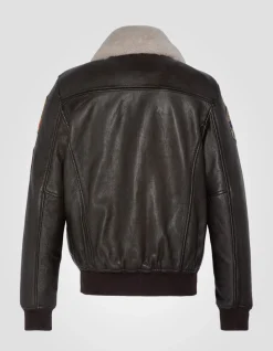 Blouson pilote marron badgé, cuir d'agneau - MARRON