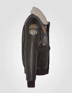 Blouson pilote marron badgé, cuir d'agneau - MARRON