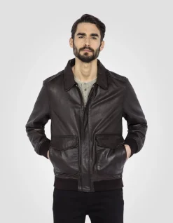 Blouson pilote marron, cuir d'agneau - MARRON