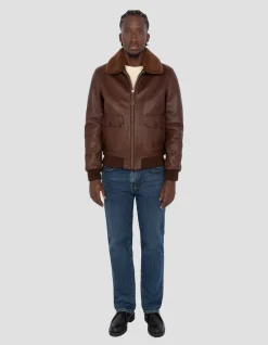 Blouson pilote marron, cuir de vachette - MARRON