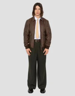 Blouson pilote marron effet vieilli, cuir de chèvre - MARRON