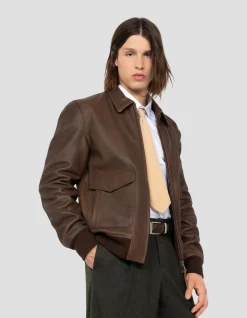 Blouson pilote marron effet vieilli, cuir de chèvre - MARRON