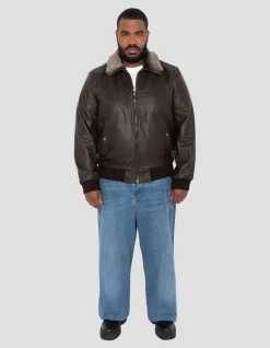 Blouson pilote marron foncé, cuir de vachette, grande taille - MARRON FONCÉ
