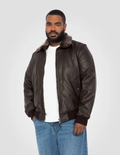 Blouson pilote marron foncé, cuir de vachette, grande taille - MARRON FONCÉ