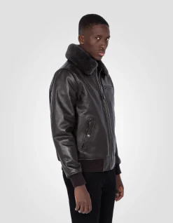 Blouson pilote marron foncé gilet intérieur amovible, cuir de vachette - MARRON FONCÉ