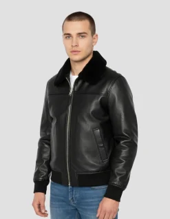 Blouson pilote noir avec col mouton amovible, cuir de vachette - NOIR