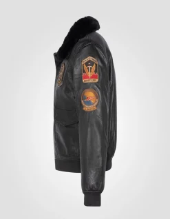Blouson pilote noir badgé, cuir d'agneau - NOIR
