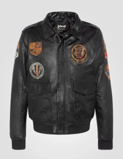 Blouson pilote noir badgé, cuir d'agneau - NOIR