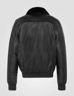 Blouson pilote noir badgé, cuir d'agneau - NOIR