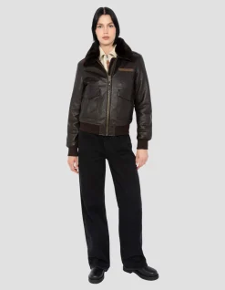 Blouson pilote souple marron foncé, cuir d'agneau lavé - MARRON FONCÉ