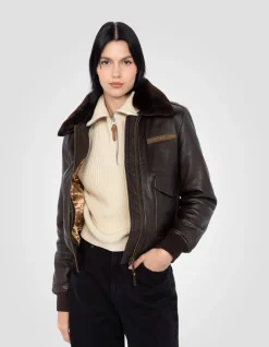 Blouson pilote souple marron foncé, cuir d'agneau lavé - MARRON FONCÉ