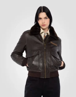 Blouson pilote souple marron foncé, cuir d'agneau lavé - MARRON FONCÉ