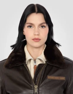 Blouson pilote souple marron foncé, cuir d'agneau lavé - MARRON FONCÉ