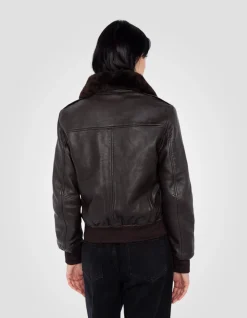 Blouson pilote souple marron foncé, cuir d'agneau lavé - MARRON FONCÉ