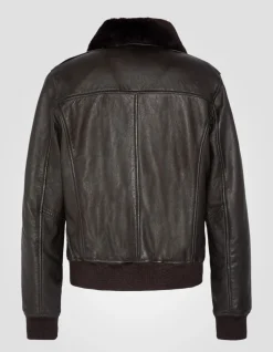 Blouson pilote souple marron foncé, cuir d'agneau lavé - MARRON FONCÉ