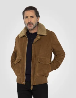 Blouson pilote suédé rouille, cuir de chèvre - ROUILLE