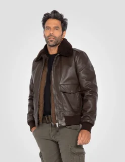 Blouson pilote type A-2 marron avec gilet amovible, cuir de vachette - MARRON
