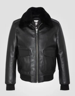 Blouson pilote type A-2 noir avec gilet amovible, cuir de vachette - NOIR
