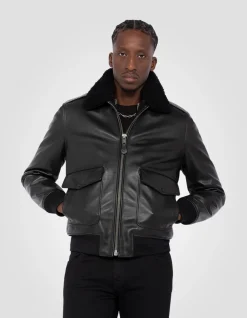 Blouson pilote type A-2 noir avec gilet amovible, cuir de vachette - NOIR