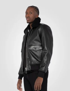 Blouson pilote type A-2 noir avec gilet amovible, cuir de vachette - NOIR