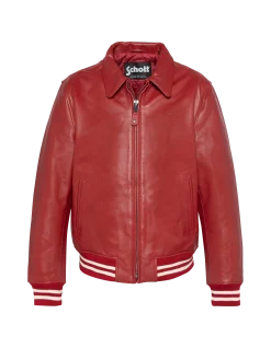 Blouson rouge casual avec bord côte rayé, cuir de vachette - ROUGE