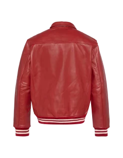Blouson rouge casual avec bord côte rayé, cuir de vachette - ROUGE