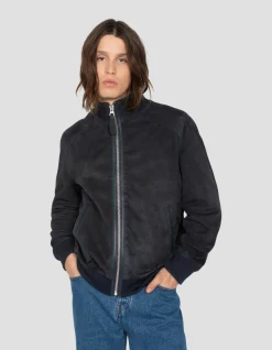 Blouson rétro bleu marine, chèvre velours - MARINE