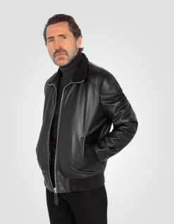 Blouson rétro noir, cuir d'agneau - NOIR