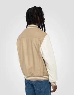 Blouson teddy bicolore beige et blanc, cuir d'agneau - BEIGE/BLANC CASSÉ