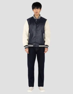 Blouson teddy bicolore bleu marine et blanc, cuir d'agneau - MARINE/BLANC CASSÉ