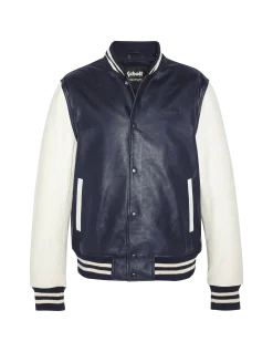 Blouson teddy bicolore bleu marine et blanc, cuir d'agneau - MARINE/BLANC CASSÉ