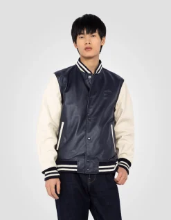 Blouson teddy bicolore bleu marine et blanc, cuir d'agneau - MARINE/BLANC CASSÉ