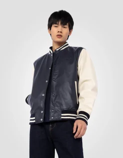 Blouson teddy bicolore bleu marine et blanc, cuir d'agneau - MARINE/BLANC CASSÉ