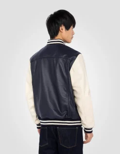 Blouson teddy bicolore bleu marine et blanc, cuir d'agneau - MARINE/BLANC CASSÉ