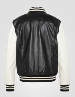 Blouson teddy bicolore noir et blanc, cuir d'agneau - NOIR/BLANC CASSÉ