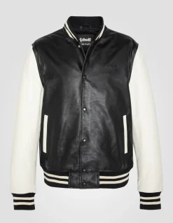 Blouson teddy bicolore noir et blanc, cuir d'agneau - NOIR/BLANC CASSÉ