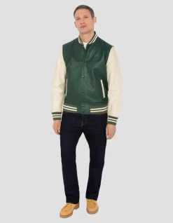 Blouson teddy bicolore vert et blanc, cuir d'agneau - VERT/BLANC CASSÉ