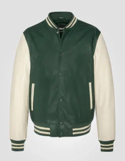 Blouson teddy bicolore vert et blanc, cuir d'agneau - VERT/BLANC CASSÉ
