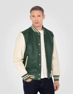 Blouson teddy bicolore vert et blanc, cuir d'agneau - VERT/BLANC CASSÉ