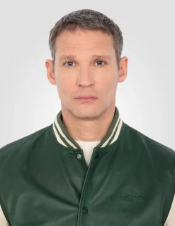 Blouson teddy bicolore vert et blanc, cuir d'agneau - VERT/BLANC CASSÉ