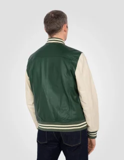 Blouson teddy bicolore vert et blanc, cuir d'agneau - VERT/BLANC CASSÉ