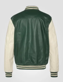 Blouson teddy bicolore vert et blanc, cuir d'agneau - VERT/BLANC CASSÉ