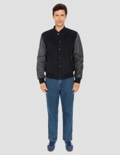 Blouson teddy bleu marine, cuir de vachette - MARINE/MARINE