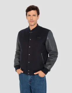 Blouson teddy bleu marine, cuir de vachette - MARINE/MARINE