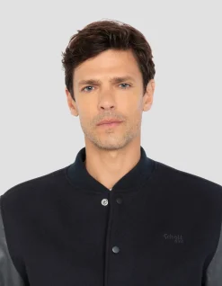 Blouson teddy bleu marine, cuir de vachette - MARINE/MARINE