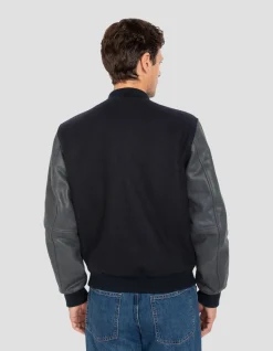 Blouson teddy bleu marine, cuir de vachette - MARINE/MARINE
